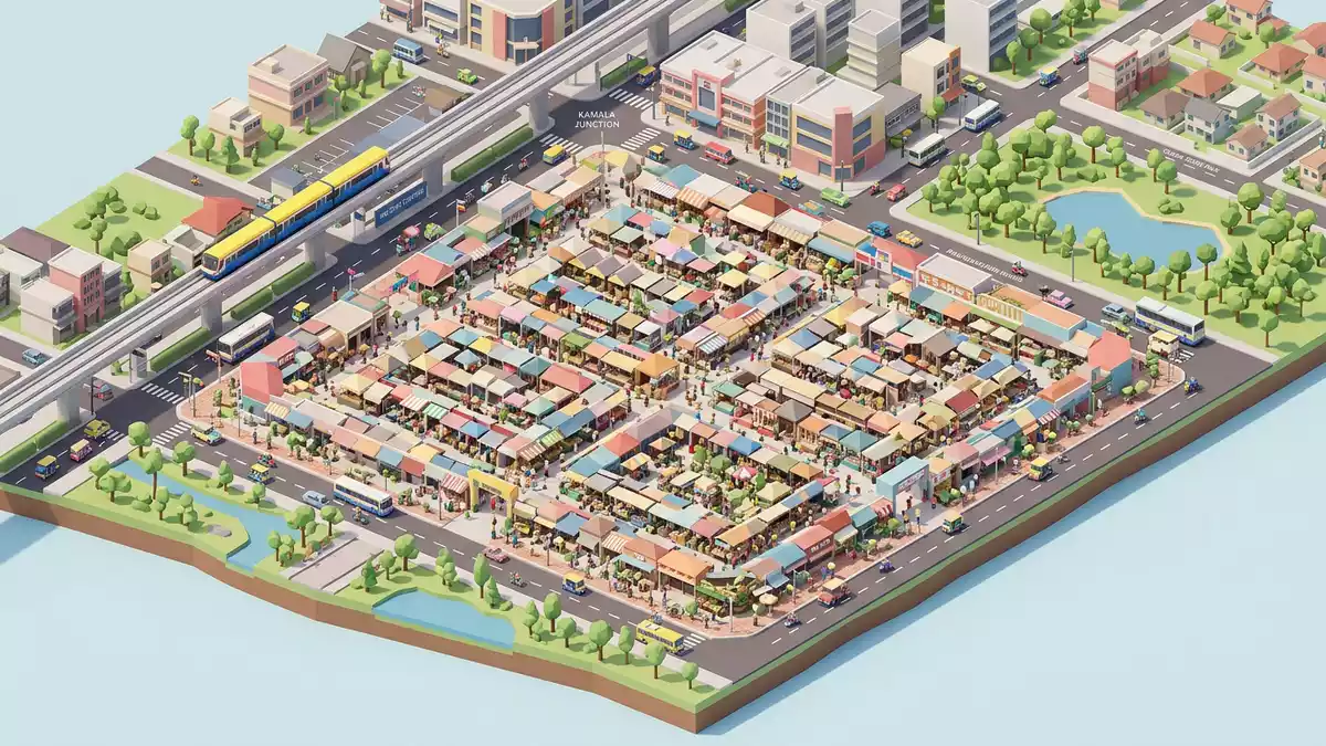Isometrisches Diorama von Chatuchak-Markt in Bangkok, Thailand in Pastell