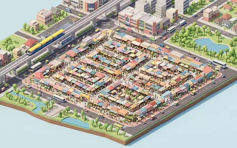 Isometrisches Diorama von Chatuchak-Markt und Umgebung in Bangkok Thailand, verspielte Low-Poly-Kulisse in Pastellfarben - Foto: THN