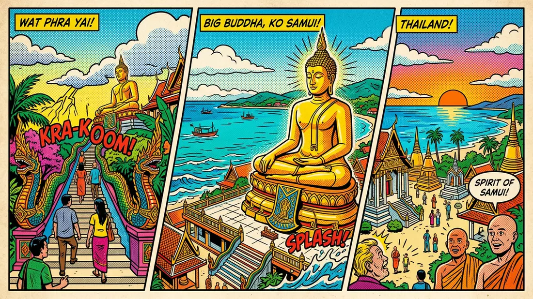 Pop-Art-Comic von Big Buddha Koh Samui in Ko Samui, Thailand mit Rasterpunkten