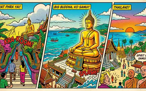 Pop-Art-Comicillustration des Wahrzeichens Big Buddha Koh Samui in Ko Samui Thailand, kraeftige Konturen Rasterpunkte und - Foto: THN