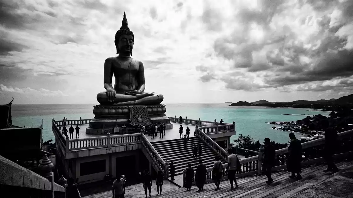 Schwarzweiss-Reportage vom Wahrzeichen Big Buddha Koh Samui in Ko Samui, Thailand
