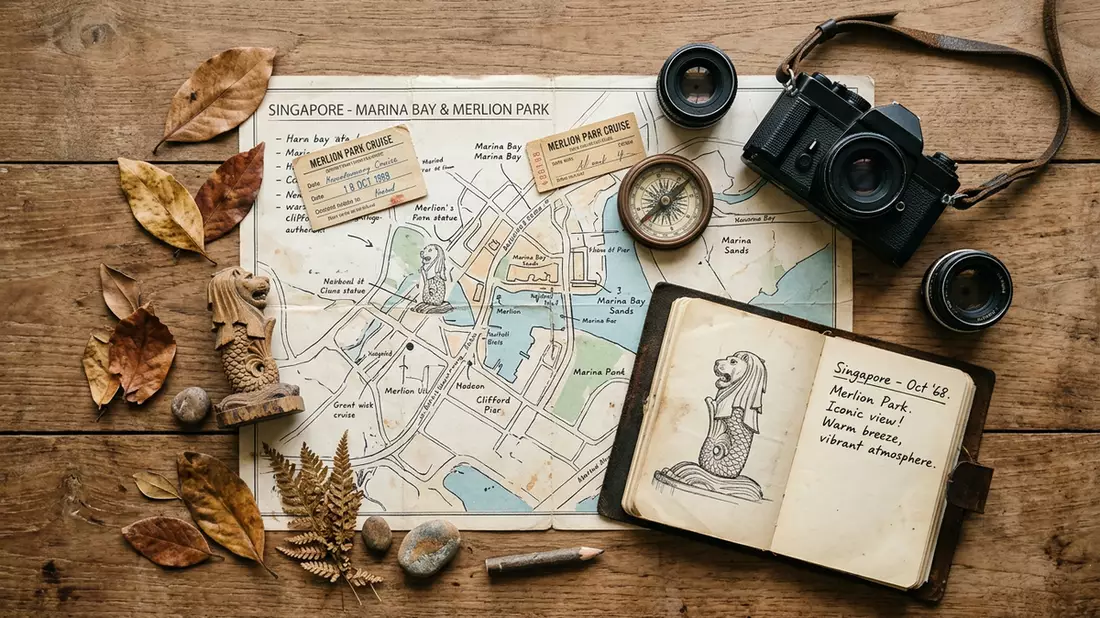 Flatlay-Reise-Arrangement rund um Merlion Park in Singapur, Singapur