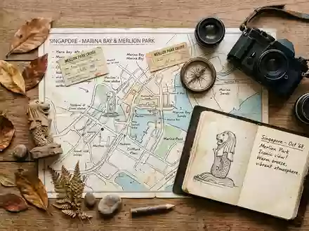 Flatlay-Reise-Arrangement rund um Merlion Park in Singapur Singapur, Karte Kompass Kamera und generische Reiserequisiten - Foto: THN