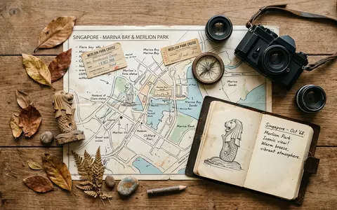 Flatlay-Reise-Arrangement rund um Merlion Park in Singapur Singapur, Karte Kompass Kamera und generische Reiserequisiten - Foto: THN