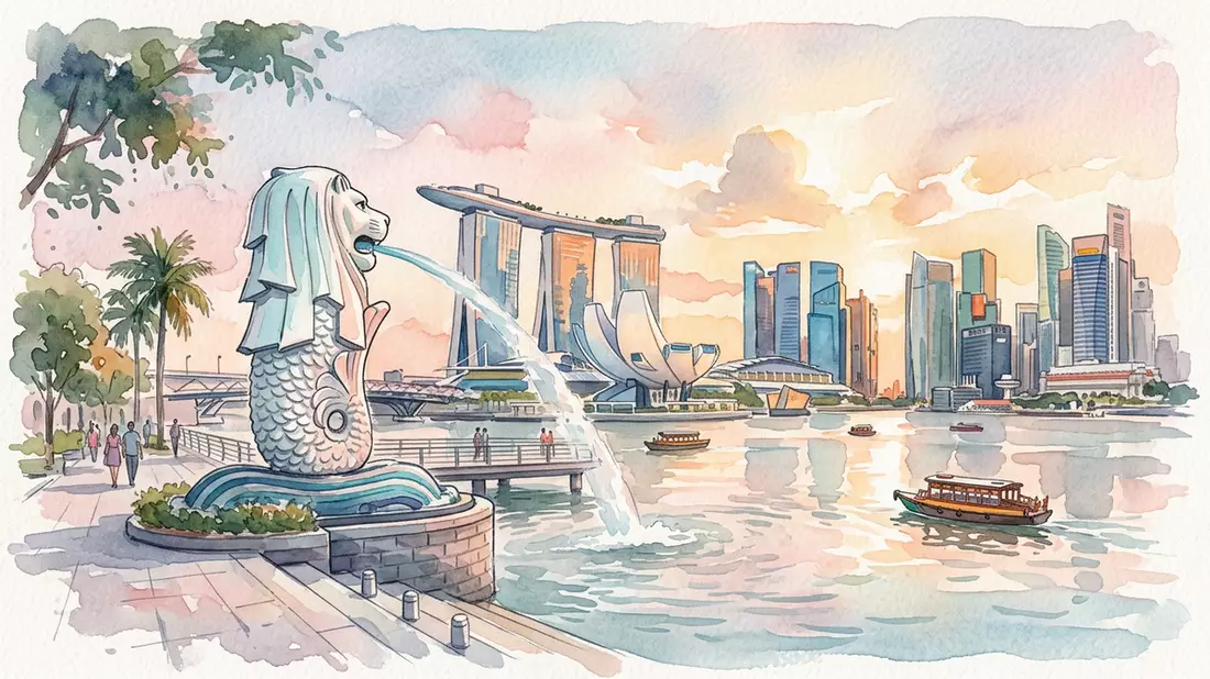 Aquarell-Illustration von Merlion Park in Singapur, Singapur als Reiseposter