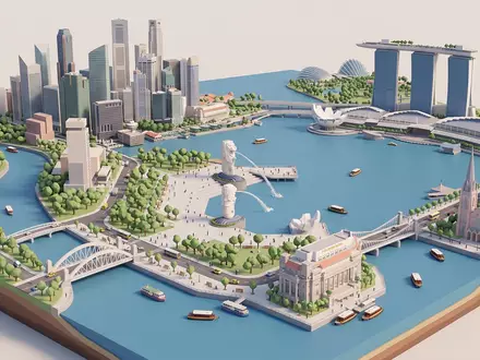 Isometrisches Diorama von Merlion Park und Umgebung in Singapur Singapur, verspielte Low-Poly-Kulisse in Pastellfarben - Foto: THN