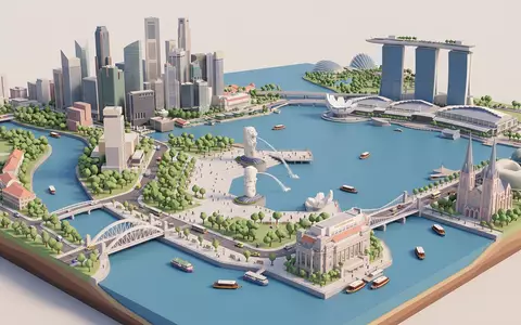 Isometrisches Diorama von Merlion Park und Umgebung in Singapur Singapur, verspielte Low-Poly-Kulisse in Pastellfarben - Foto: THN