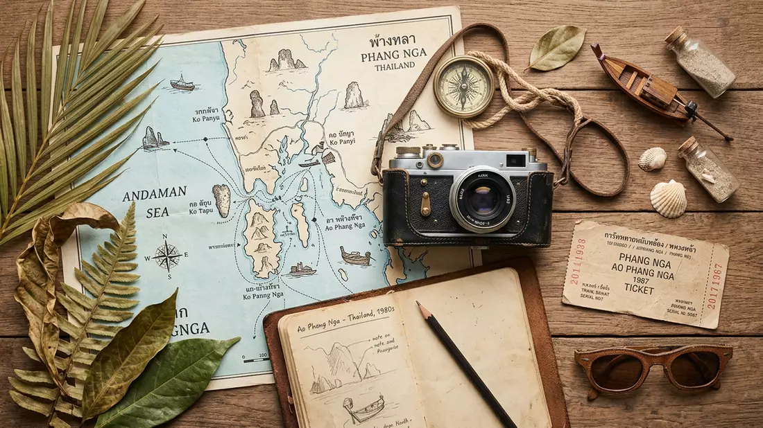 Flatlay-Reise-Arrangement rund um Phang-Nga-Bucht in Phang Nga, Thailand