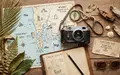 Flatlay-Reise-Arrangement rund um Phang-Nga-Bucht in Phang Nga Thailand, Karte Kompass Kamera und generische Reiserequisiten - Foto: THN