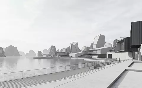 Moderner Architektur-Render zeigt Silhouette von Phang-Nga-Bucht in Phang Nga Thailand, klare Linien und neutrales Tageslicht - Foto: THN