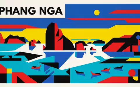 Bauhaus-Poster als geometrische Abstraktion von Phang-Nga-Bucht in Phang Nga Thailand, kraeftige Grundfarben und harte Formkanten - Foto: THN