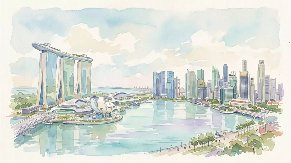 Aquarell-Illustration von Marina Bay Sands in Singapur, Singapur als Reiseposter