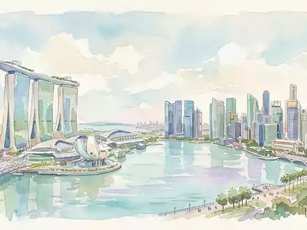 Aquarellillustration des Wahrzeichens Marina Bay Sands in Singapur Singapur, weiche Farbverläufe und pastelliges Reiseposter-Feeling - Foto: THN