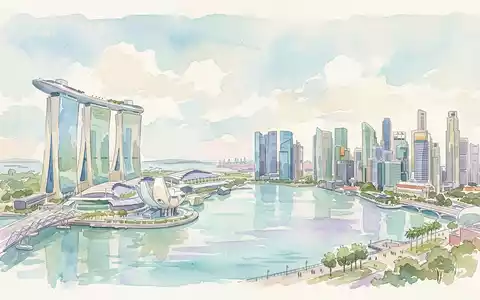 Aquarellillustration des Wahrzeichens Marina Bay Sands in Singapur Singapur, weiche Farbverläufe und pastelliges Reiseposter-Feeling - Foto: THN