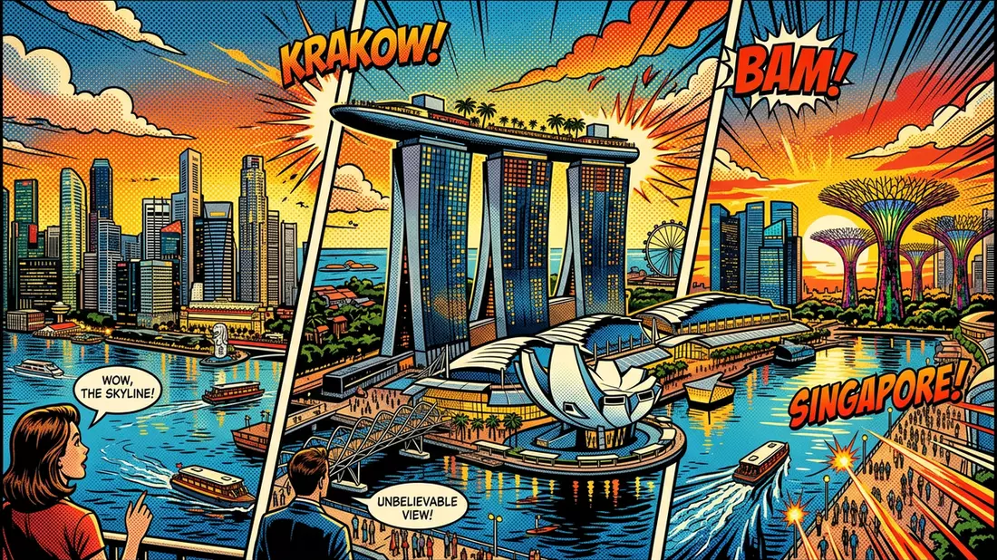 Pop-Art-Comic von Marina Bay Sands in Singapur, Singapur mit Rasterpunkten