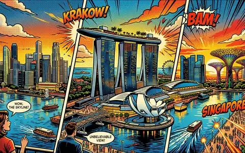 Pop-Art-Comicillustration des Wahrzeichens Marina Bay Sands in Singapur Singapur, kraeftige Konturen Rasterpunkte und satte Farben - Foto: THN