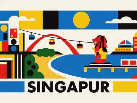 Bauhaus-Poster als geometrische Abstraktion von Sentosa in Singapur Singapur, kraeftige Grundfarben und harte Formkanten - Foto: THN