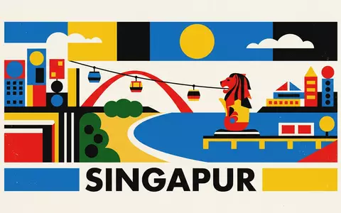Bauhaus-Poster als geometrische Abstraktion von Sentosa in Singapur Singapur, kraeftige Grundfarben und harte Formkanten - Foto: THN