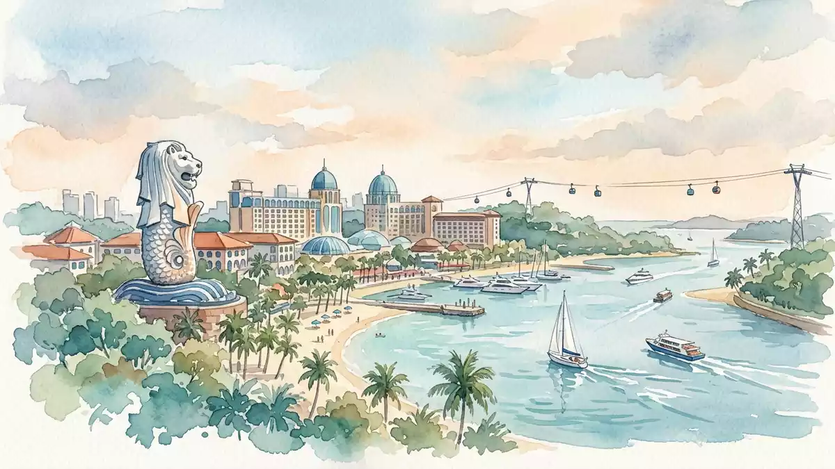 Aquarell-Illustration von Sentosa in Singapur, Singapur als Reiseposter