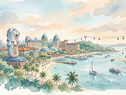 Aquarellillustration des Wahrzeichens Sentosa in Singapur Singapur, weiche Farbverläufe und pastelliges Reiseposter-Feeling - Foto: THN
