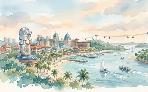 Aquarellillustration des Wahrzeichens Sentosa in Singapur Singapur, weiche Farbverläufe und pastelliges Reiseposter-Feeling - Foto: THN