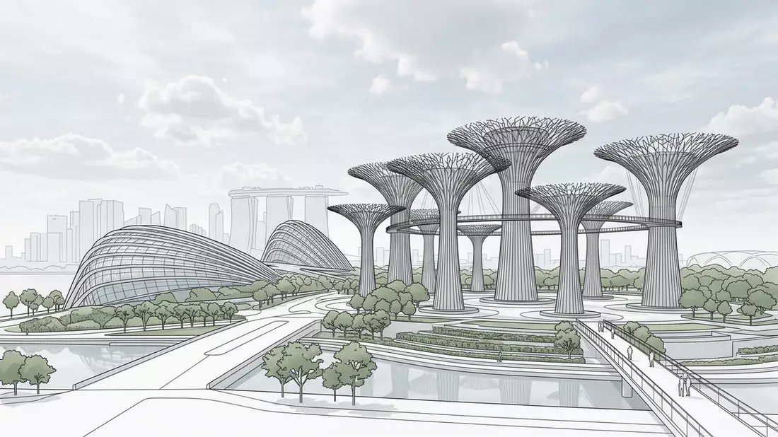 Architektur-Render von Gardens by the Bay in Singapur, Singapur bei Tageslicht