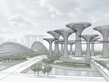 Moderner Architektur-Render zeigt Silhouette von Gardens by the Bay in Singapur Singapur, klare Linien und - Foto: THN