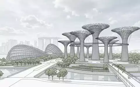Moderner Architektur-Render zeigt Silhouette von Gardens by the Bay in Singapur Singapur, klare Linien und - Foto: THN