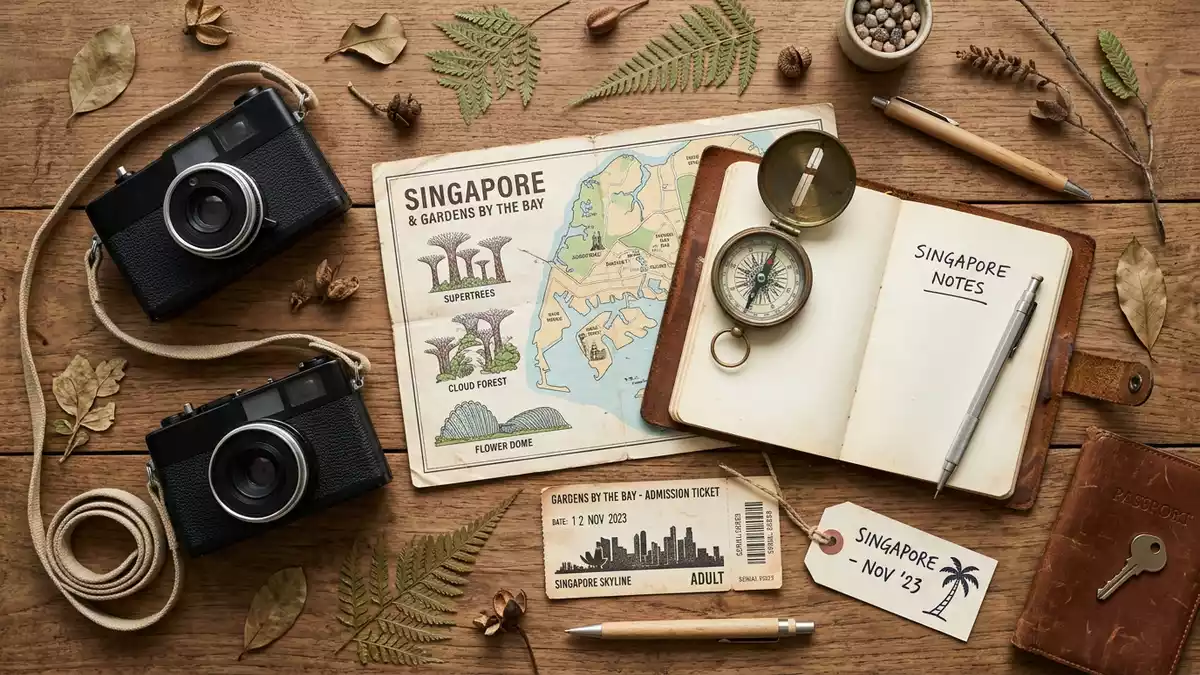 Flatlay-Reise-Arrangement rund um Gardens by the Bay in Singapur, Singapur