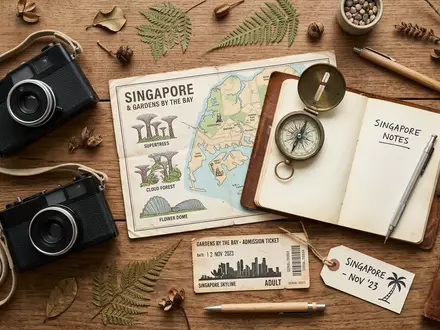 Flatlay-Reise-Arrangement rund um Gardens by the Bay in Singapur Singapur, Karte Kompass Kamera und generische - Foto: THN