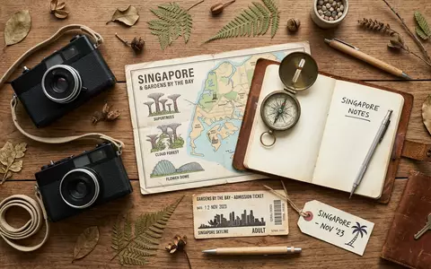 Flatlay-Reise-Arrangement rund um Gardens by the Bay in Singapur Singapur, Karte Kompass Kamera und generische - Foto: THN