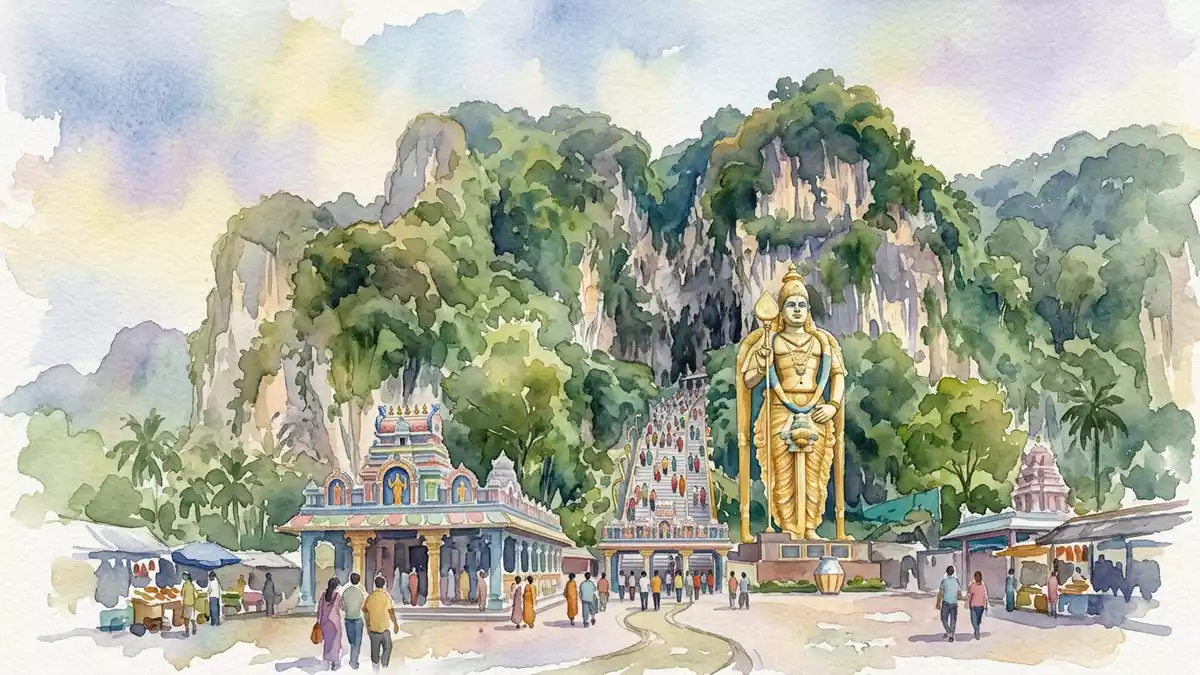 Aquarell-Illustration von Batu Caves in Gombak, Malaysia als Reiseposter