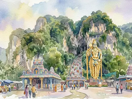 Aquarellillustration des Wahrzeichens Batu Caves in Gombak Malaysia, weiche Farbverläufe und pastelliges Reiseposter-Feeling - Foto: THN