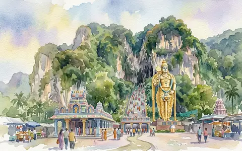 Aquarellillustration des Wahrzeichens Batu Caves in Gombak Malaysia, weiche Farbverläufe und pastelliges Reiseposter-Feeling - Foto: THN