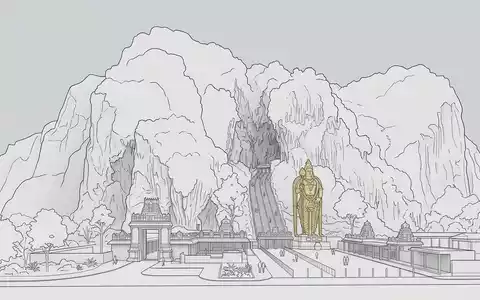 Moderner Architektur-Render zeigt Silhouette von Batu Caves in Gombak Malaysia, klare Linien und neutrales Tageslicht - Foto: THN