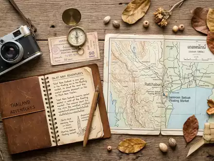 Flatlay-Reise-Arrangement rund um Damnoen-Saduak-Floating-Markt in Ratchaburi Thailand, Karte Kompass Kamera und generische Reiserequisiten - Foto: THN
