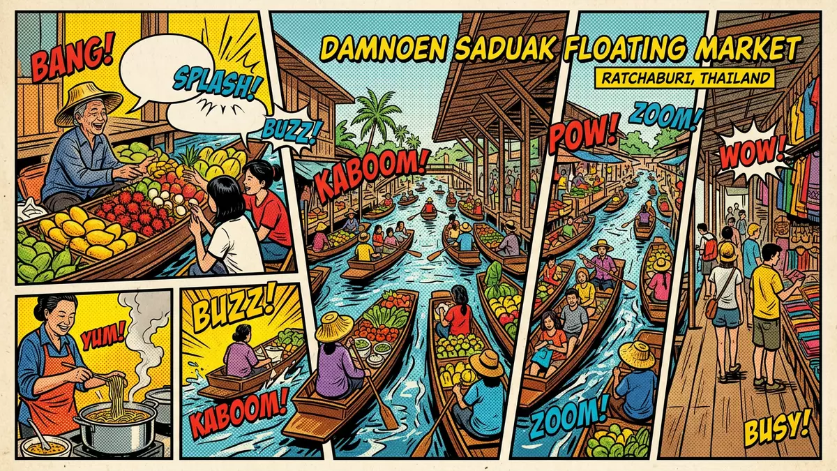 Pop-Art-Comic von Damnoen-Saduak-Floating-Markt in Ratchaburi, Thailand mit Rasterpunkten