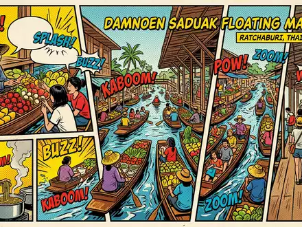 Pop-Art-Comicillustration des Wahrzeichens Damnoen-Saduak-Floating-Markt in Ratchaburi Thailand, kraeftige Konturen Rasterpunkte und satte Farben - Foto: THN