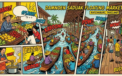 Pop-Art-Comicillustration des Wahrzeichens Damnoen-Saduak-Floating-Markt in Ratchaburi Thailand, kraeftige Konturen Rasterpunkte und satte Farben - Foto: THN