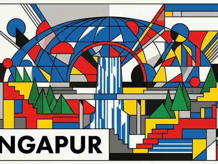 Bauhaus-Poster als geometrische Abstraktion von Jewel Changi Airport in Singapur Singapur, kraeftige Grundfarben und harte - Foto: THN
