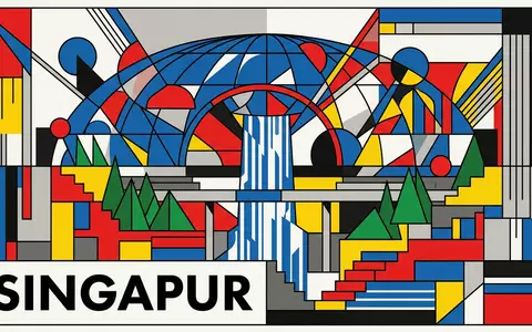 Bauhaus-Poster als geometrische Abstraktion von Jewel Changi Airport in Singapur Singapur, kraeftige Grundfarben und harte - Foto: THN