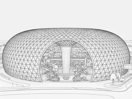 Moderner Architektur-Render zeigt Silhouette von Jewel Changi Airport in Singapur Singapur, klare Linien und neutrales - Foto: THN