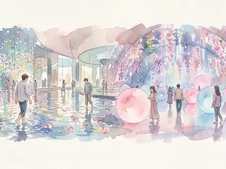 Aquarellillustration des Wahrzeichens teamLab Planets Tokio in Tokio Japan, weiche Farbverläufe und pastelliges Reiseposter-Feeling - Foto: THN