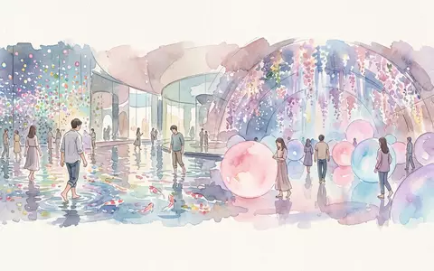 Aquarellillustration des Wahrzeichens teamLab Planets Tokio in Tokio Japan, weiche Farbverläufe und pastelliges Reiseposter-Feeling - Foto: THN