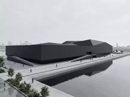 Moderner Architektur-Render zeigt Silhouette von teamLab Planets Tokio in Tokio Japan, klare Linien und neutrales - Foto: THN