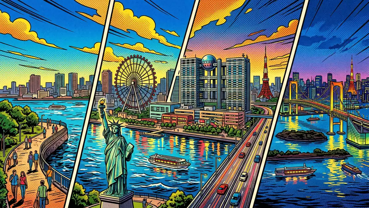 Pop-Art-Comic von Odaiba in Tokio, Japan mit Rasterpunkten