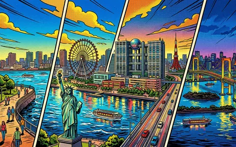 Pop-Art-Comicillustration des Wahrzeichens Odaiba in Tokio Japan, kraeftige Konturen Rasterpunkte und satte Farben - Foto: THN