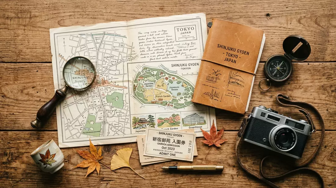 Flatlay-Reise-Arrangement rund um Shinjuku Gyoen in Tokio, Japan