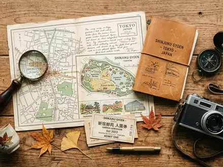 Flatlay-Reise-Arrangement rund um Shinjuku Gyoen in Tokio Japan, Karte Kompass Kamera und generische Reiserequisiten - Foto: THN