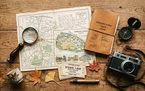 Flatlay-Reise-Arrangement rund um Shinjuku Gyoen in Tokio Japan, Karte Kompass Kamera und generische Reiserequisiten - Foto: THN